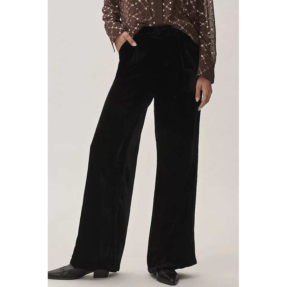 Anthropologie Velvet Solid Wide Leg Pants Black Goth Elegant Size 4